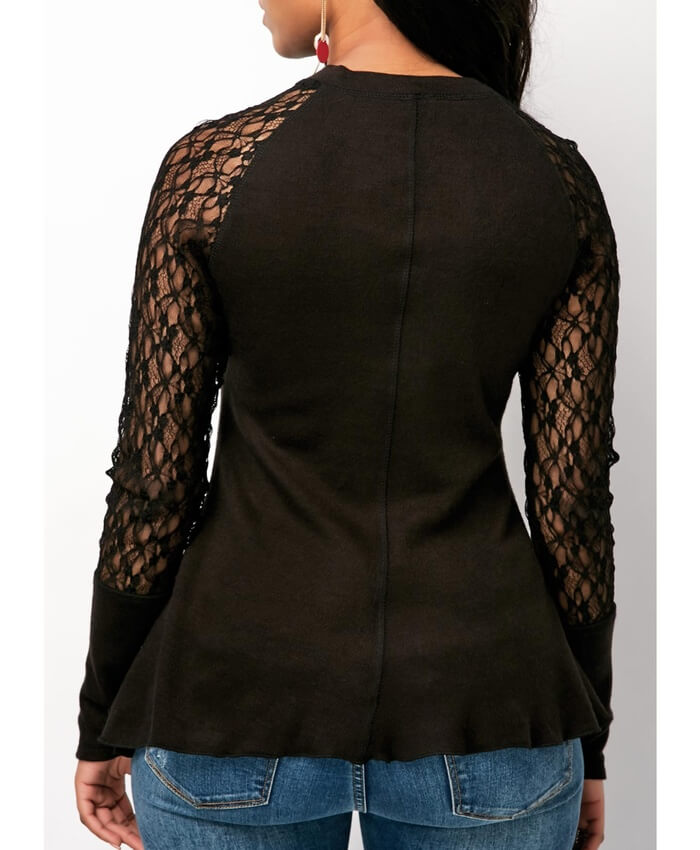 Long Sleeve Mock Neck Lace Panel Blouse